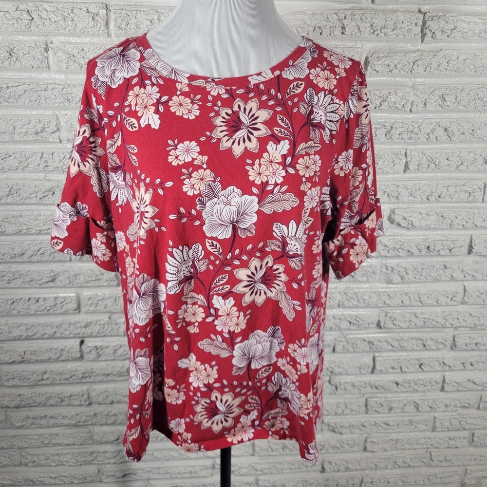 Liz Claiborne XXL Red White Floral Cotton Tee Shirt Short Sleeve Plus Casual Top